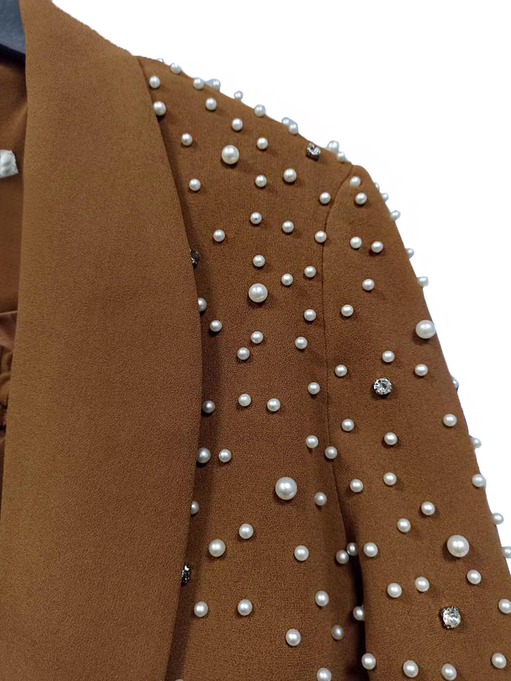 Tesettür giyim TABA İNCİ VE TAŞ DETAYLI İKİLİ PANTOLONLU TAKIM T 6048