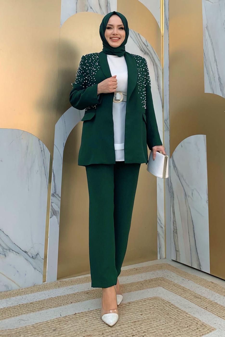 Tesettür giyim YEŞİL İNCİ VE TAŞ DETAYLI İKİLİ PANTOLONLU TAKIM T 6048