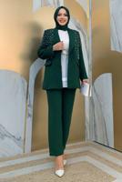 Tesettür giyim YEŞİL İNCİ VE TAŞ DETAYLI İKİLİ PANTOLONLU TAKIM T 6048