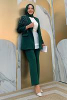 Tesettür giyim YEŞİL İNCİ VE TAŞ DETAYLI İKİLİ PANTOLONLU TAKIM T 6048