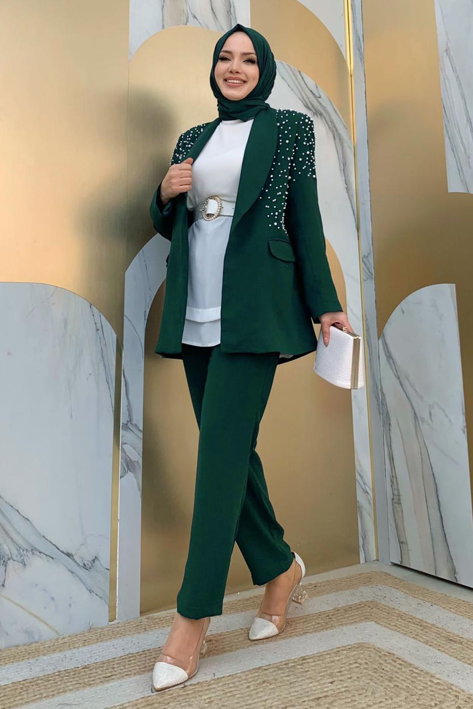Tesettür giyim YEŞİL İNCİ VE TAŞ DETAYLI İKİLİ PANTOLONLU TAKIM T 6048