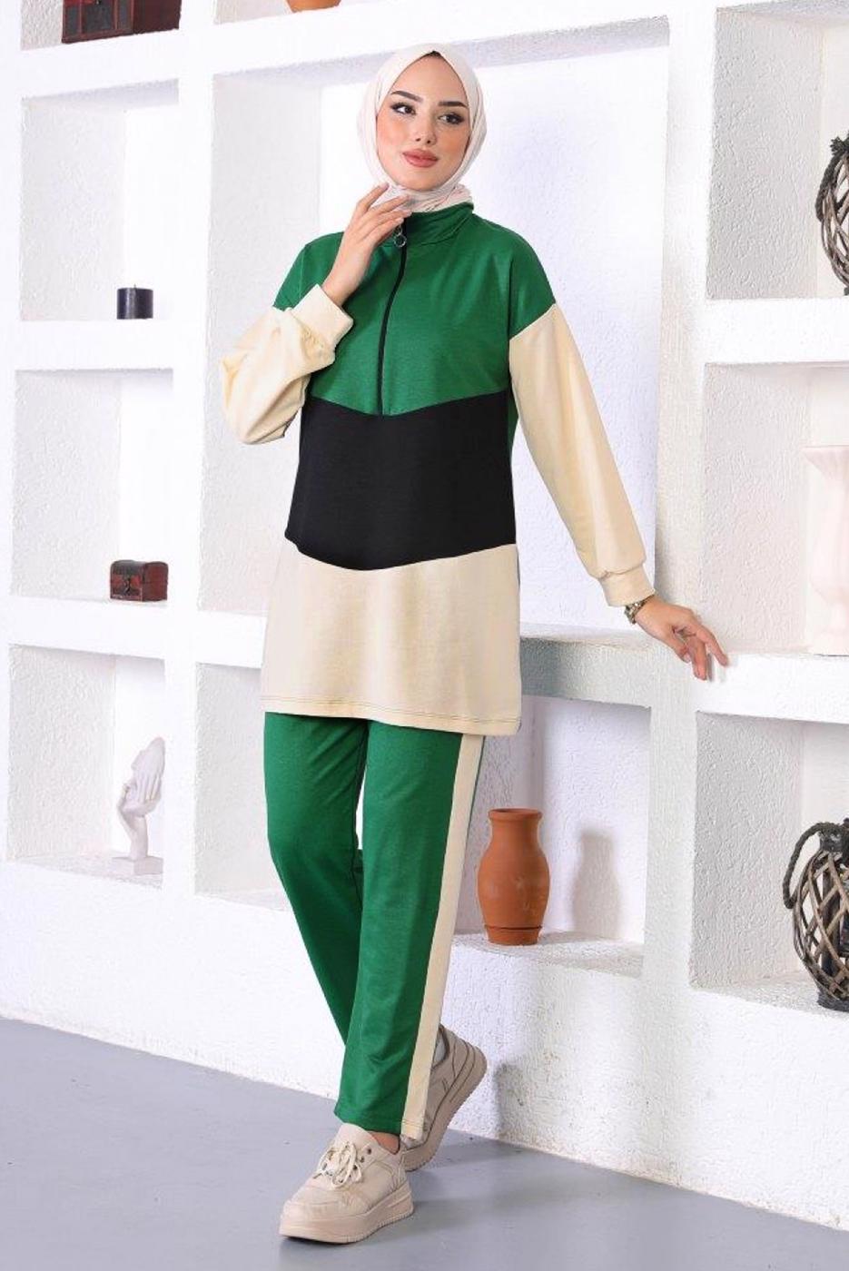 Tesettür giyim YEŞİL ÜÇ RENK FERMAURLI İKİLİ PANTOLONLU TAKIM T 6072