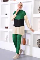 Tesettür giyim YEŞİL ÜÇ RENK FERMAURLI İKİLİ PANTOLONLU TAKIM T 6072