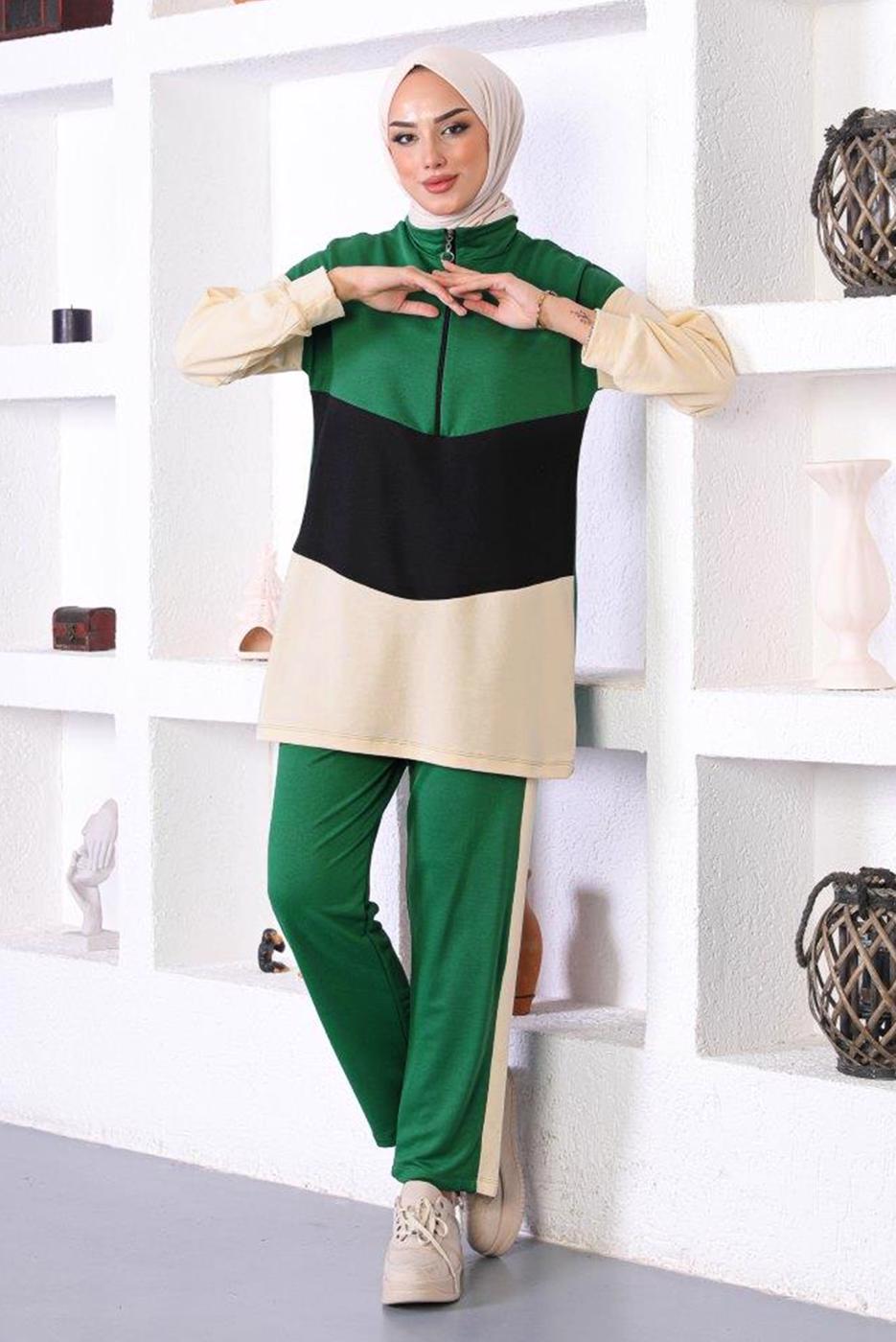 Tesettür giyim YEŞİL ÜÇ RENK FERMAURLI İKİLİ PANTOLONLU TAKIM T 6072