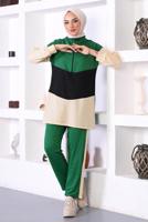Tesettür giyim YEŞİL ÜÇ RENK FERMAURLI İKİLİ PANTOLONLU TAKIM T 6072