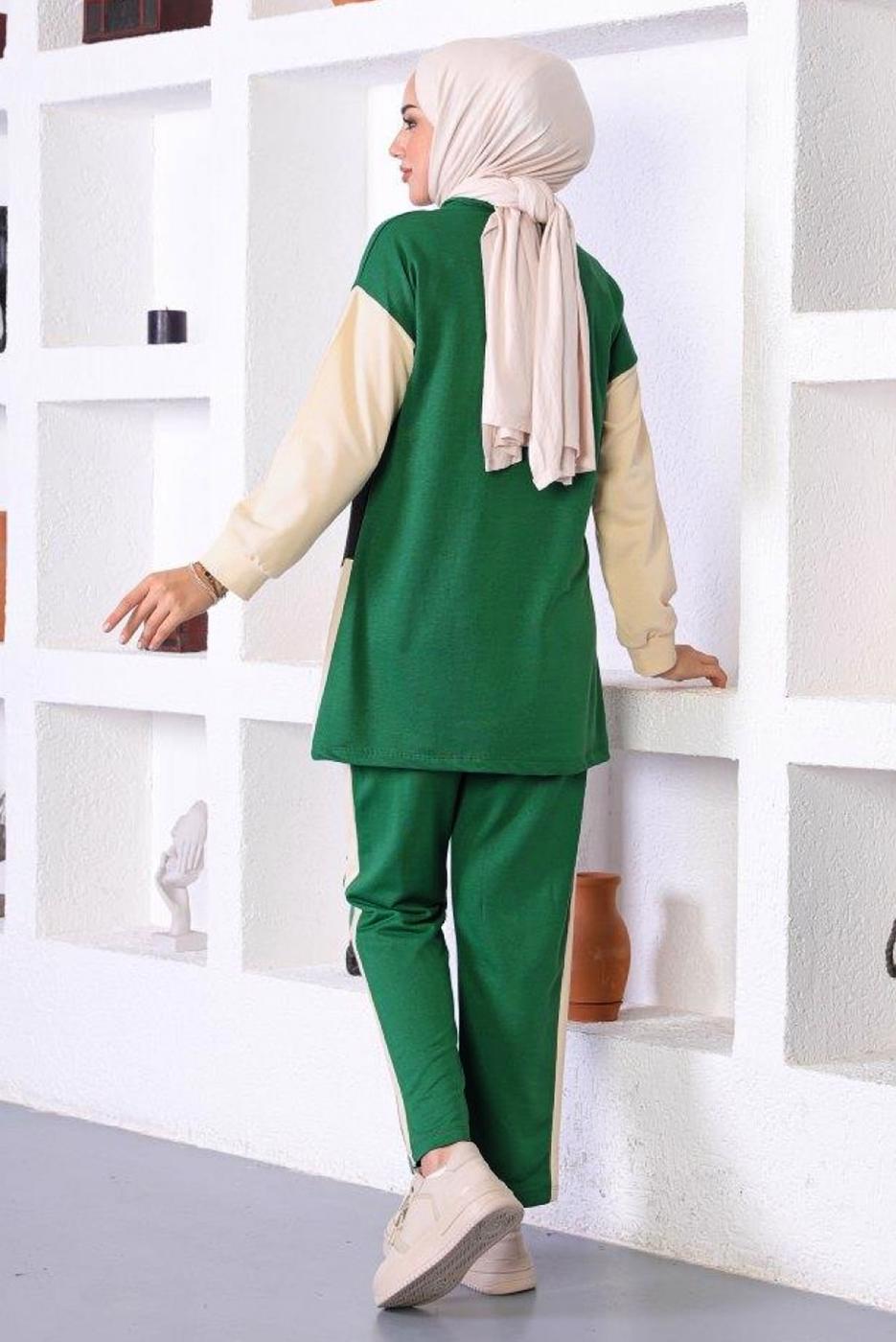 Tesettür giyim YEŞİL ÜÇ RENK FERMAURLI İKİLİ PANTOLONLU TAKIM T 6072