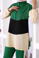 Tesettür giyim YEŞİL ÜÇ RENK FERMAURLI İKİLİ PANTOLONLU TAKIM T 6072