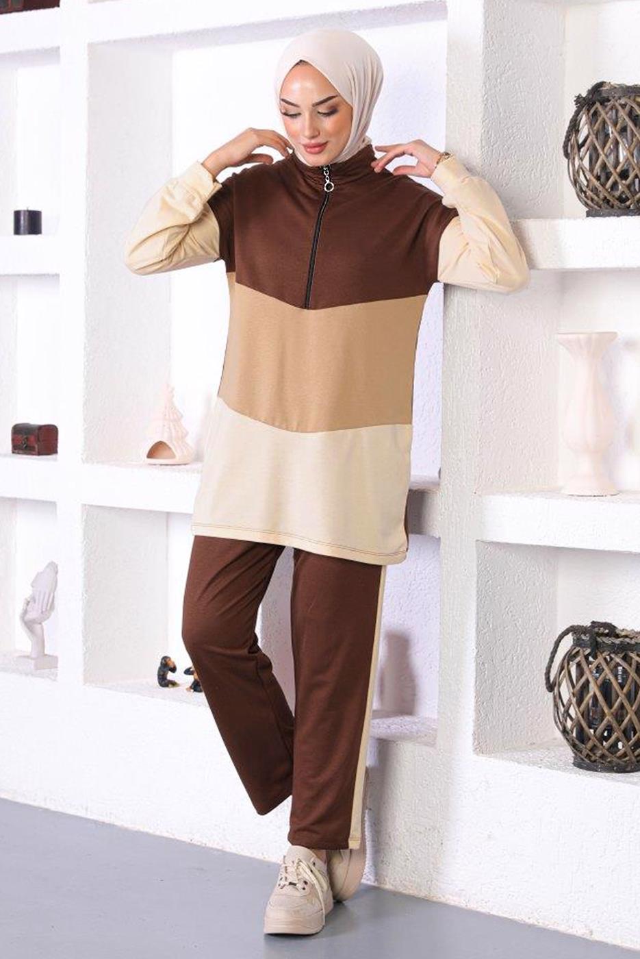 Tesettür giyim KAHVE ÜÇ RENK FERMAURLI İKİLİ PANTOLONLU TAKIM T 6072