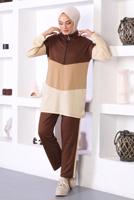 Tesettür giyim KAHVE ÜÇ RENK FERMAURLI İKİLİ PANTOLONLU TAKIM T 6072