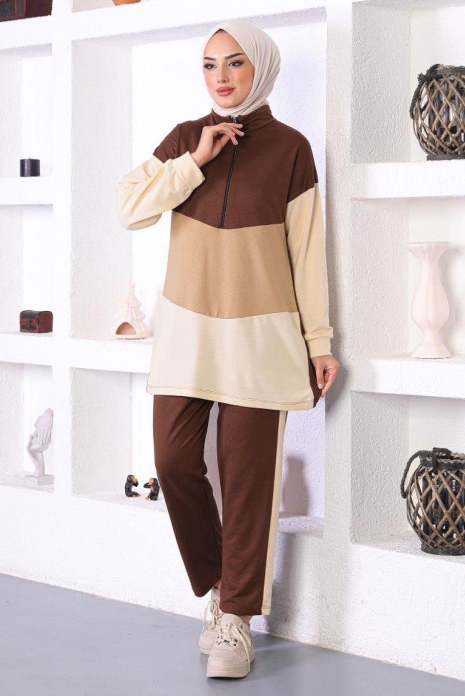 Tesettür giyim KAHVE ÜÇ RENK FERMAURLI İKİLİ PANTOLONLU TAKIM T 6072