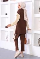 Tesettür giyim KAHVE ÜÇ RENK FERMAURLI İKİLİ PANTOLONLU TAKIM T 6072