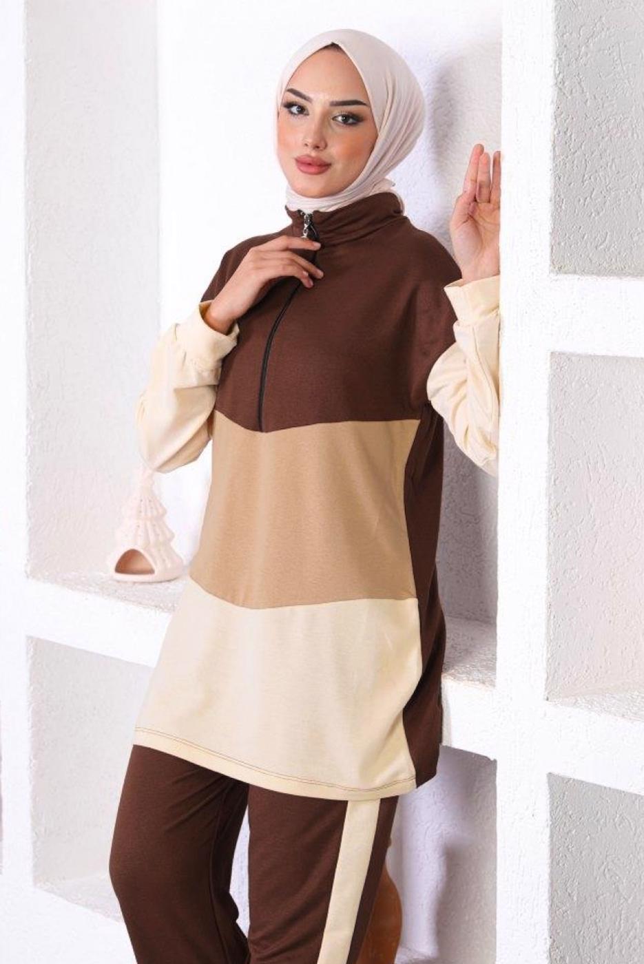Tesettür giyim KAHVE ÜÇ RENK FERMAURLI İKİLİ PANTOLONLU TAKIM T 6072