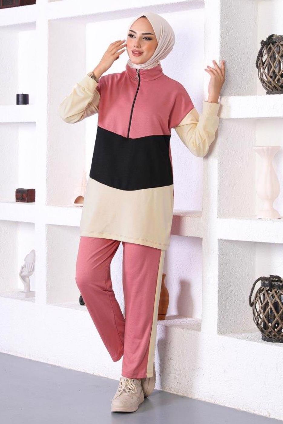 Tesettür giyim PEMBE ÜÇ RENK FERMAURLI İKİLİ PANTOLONLU TAKIM T 6072