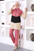 Tesettür giyim PEMBE ÜÇ RENK FERMAURLI İKİLİ PANTOLONLU TAKIM T 6072