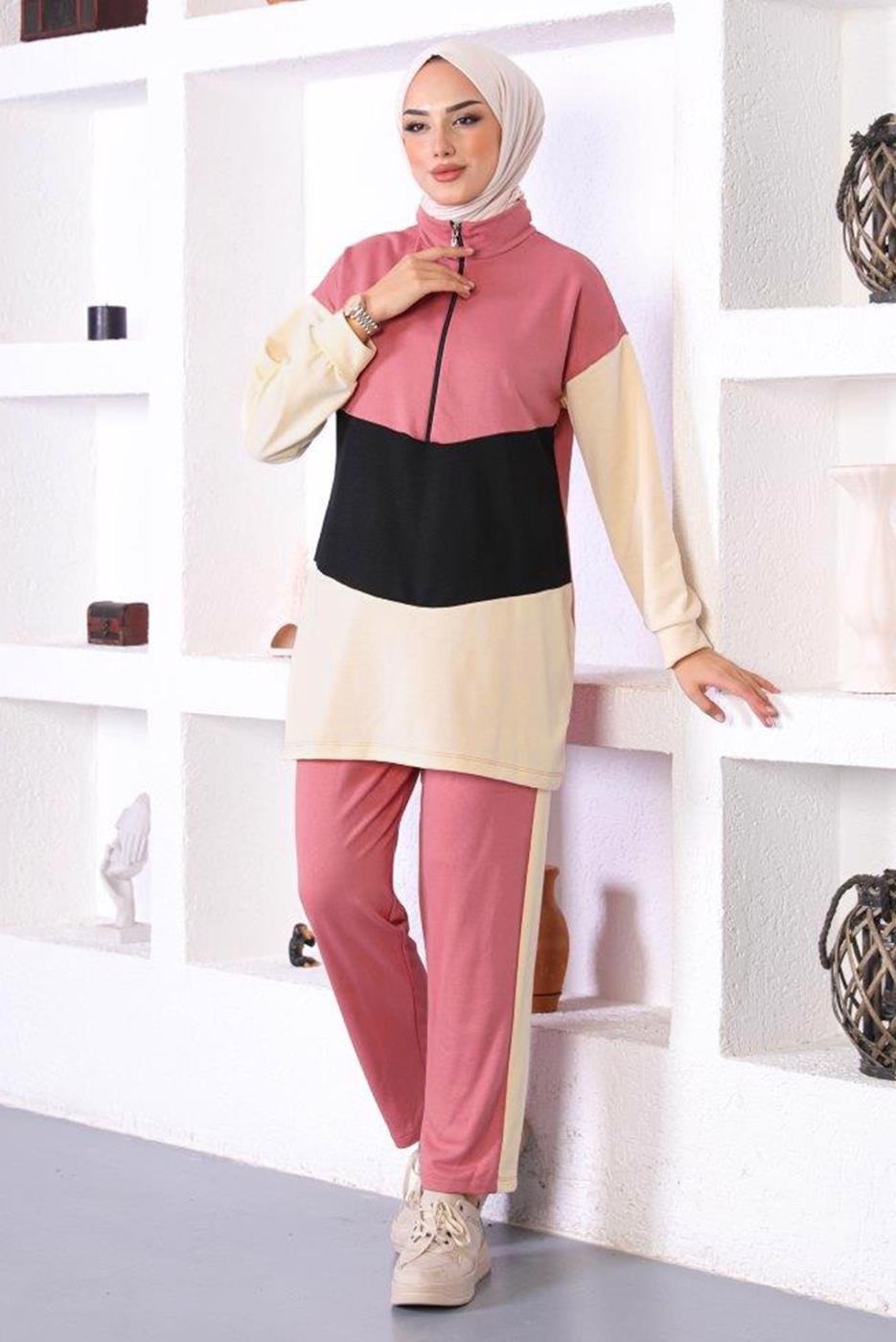 Tesettür giyim PEMBE ÜÇ RENK FERMAURLI İKİLİ PANTOLONLU TAKIM T 6072