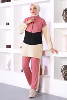 Tesettür giyim PEMBE ÜÇ RENK FERMAURLI İKİLİ PANTOLONLU TAKIM T 6072