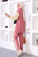 Tesettür giyim PEMBE ÜÇ RENK FERMAURLI İKİLİ PANTOLONLU TAKIM T 6072