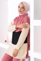 Tesettür giyim PEMBE ÜÇ RENK FERMAURLI İKİLİ PANTOLONLU TAKIM T 6072