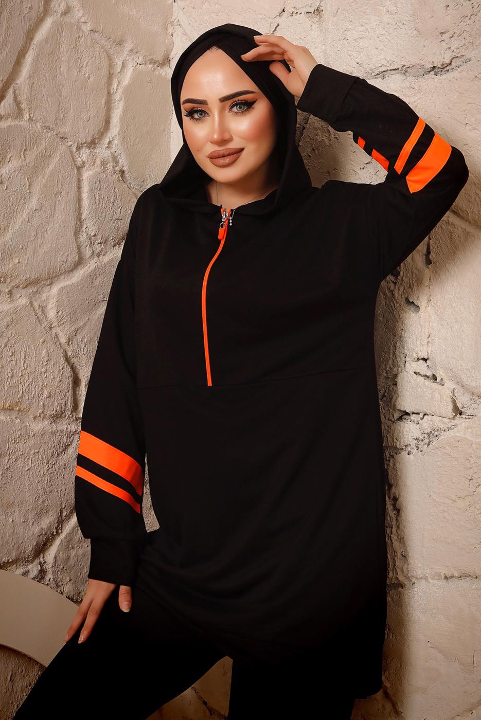 Tesettür giyim SİYAH ŞERİTLİ KAPÜŞONLU İKİLİ PANTOLON TAKIMI T 6092