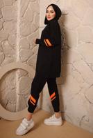 Tesettür giyim SİYAH ŞERİTLİ KAPÜŞONLU İKİLİ PANTOLON TAKIMI T 6092