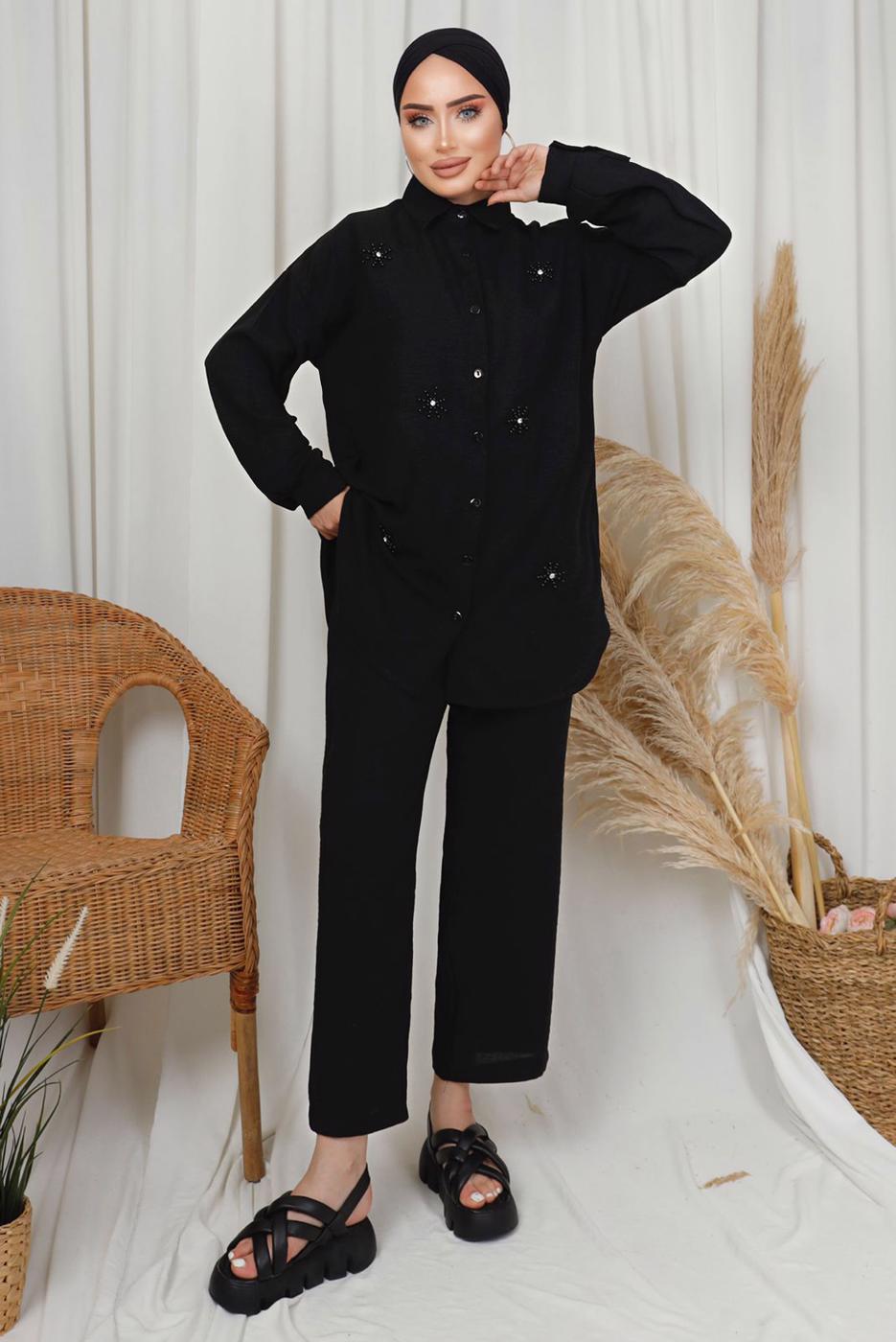 Tesettür giyim SİYAH TAŞ DETAYLI DÜĞMELİ PANTOLONLU TAKIM T 6133