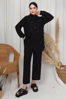 Tesettür giyim SİYAH TAŞ DETAYLI DÜĞMELİ PANTOLONLU TAKIM T 6133