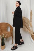 Tesettür giyim SİYAH TAŞ DETAYLI DÜĞMELİ PANTOLONLU TAKIM T 6133
