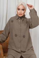 Tesettür giyim VİZON TAŞ DETAYLI DÜĞMELİ PANTOLONLU TAKIM T 6133