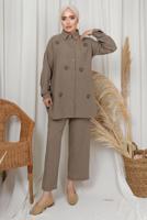 Tesettür giyim VİZON TAŞ DETAYLI DÜĞMELİ PANTOLONLU TAKIM T 6133