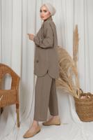 Tesettür giyim VİZON TAŞ DETAYLI DÜĞMELİ PANTOLONLU TAKIM T 6133
