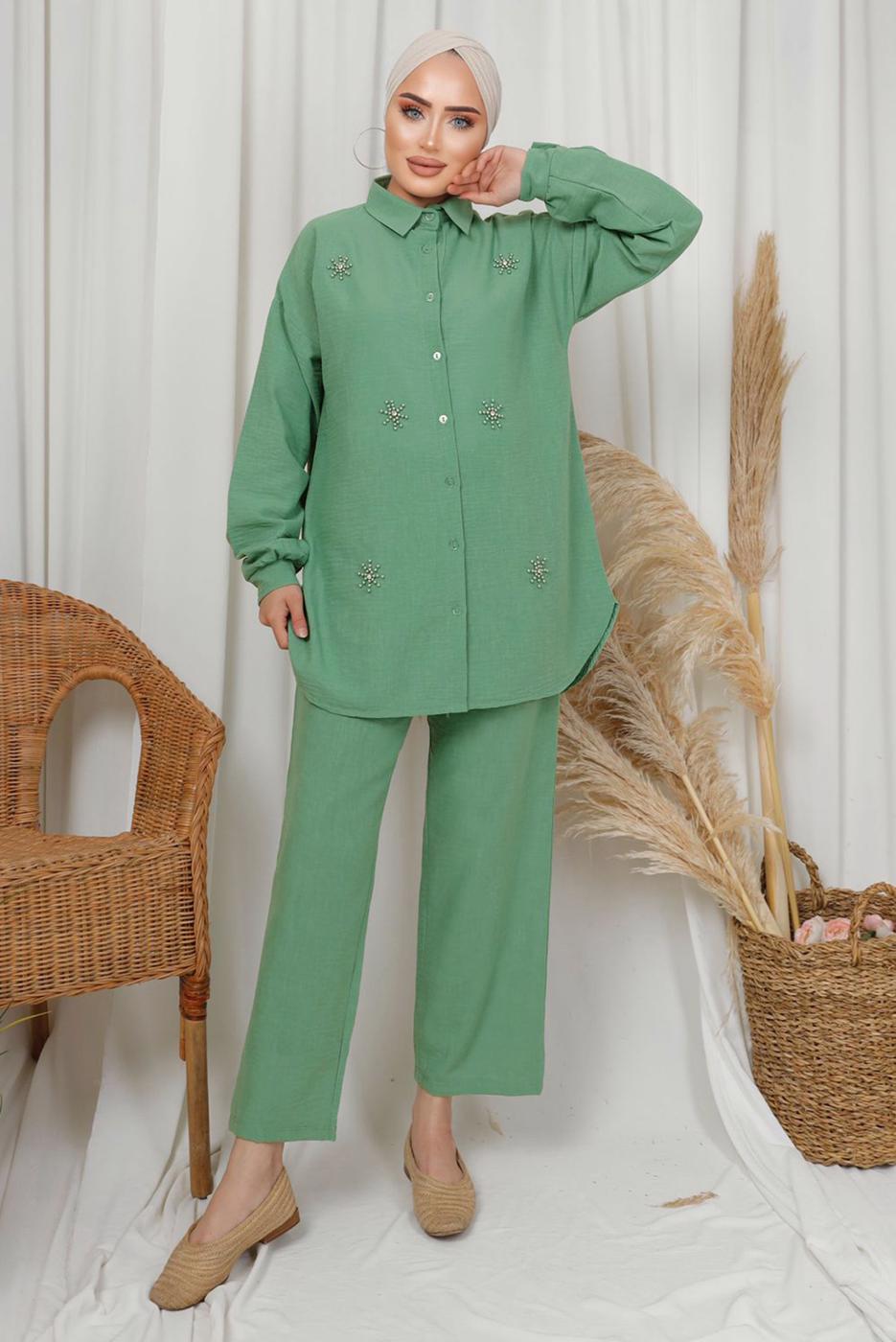 Tesettür giyim YEŞİL TAŞ DETAYLI DÜĞMELİ PANTOLONLU TAKIM T 6133