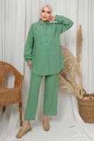 Tesettür giyim YEŞİL TAŞ DETAYLI DÜĞMELİ PANTOLONLU TAKIM T 6133