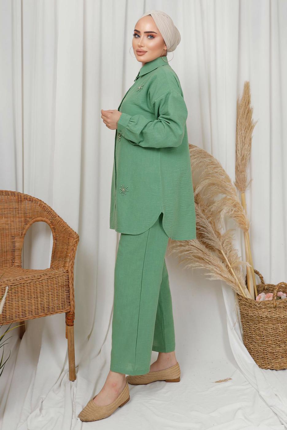 Tesettür giyim YEŞİL TAŞ DETAYLI DÜĞMELİ PANTOLONLU TAKIM T 6133