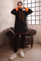 Tesettür giyim SİYAH KAPÜŞONLU NEON GARNİLİ PANTOLONLU TAKIM T 6192