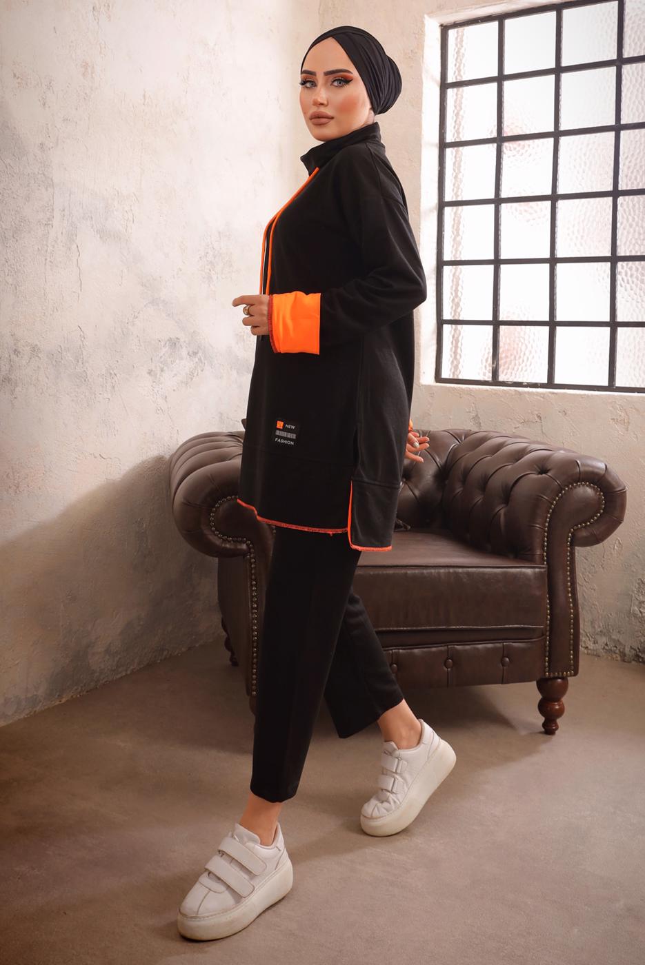 Tesettür giyim SİYAH KAPÜŞONLU NEON GARNİLİ PANTOLONLU TAKIM T 6192