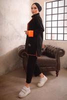 Tesettür giyim SİYAH KAPÜŞONLU NEON GARNİLİ PANTOLONLU TAKIM T 6192