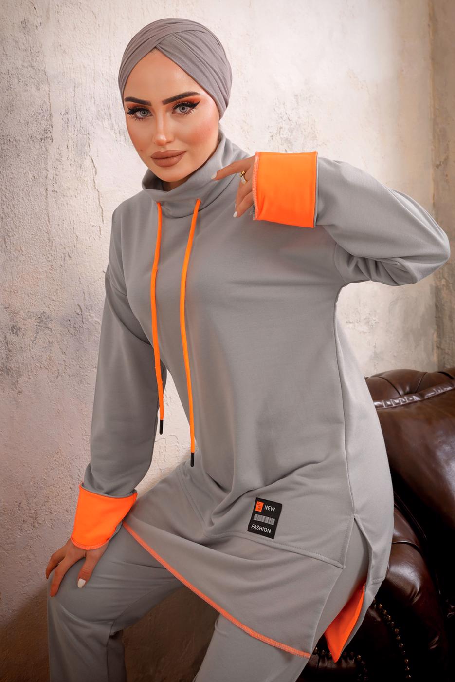 Tesettür giyim GRİ KAPÜŞONLU NEON GARNİLİ PANTOLONLU TAKIM T 6192