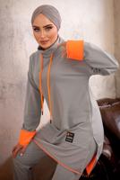 Tesettür giyim GRİ KAPÜŞONLU NEON GARNİLİ PANTOLONLU TAKIM T 6192