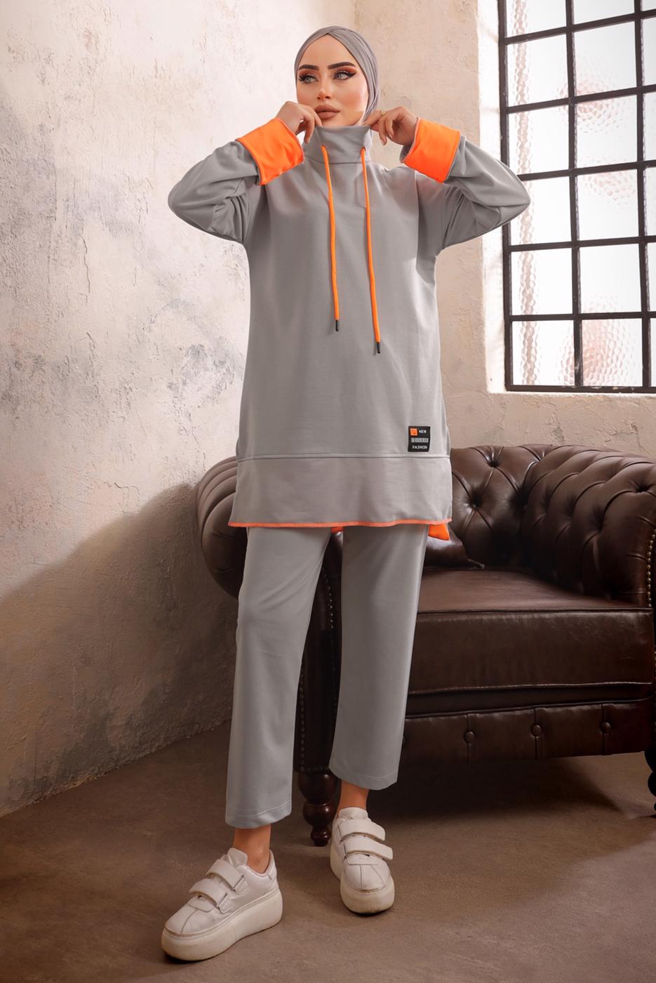 Tesettür giyim GRİ KAPÜŞONLU NEON GARNİLİ PANTOLONLU TAKIM T 6192