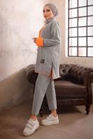 Tesettür giyim GRİ KAPÜŞONLU NEON GARNİLİ PANTOLONLU TAKIM T 6192