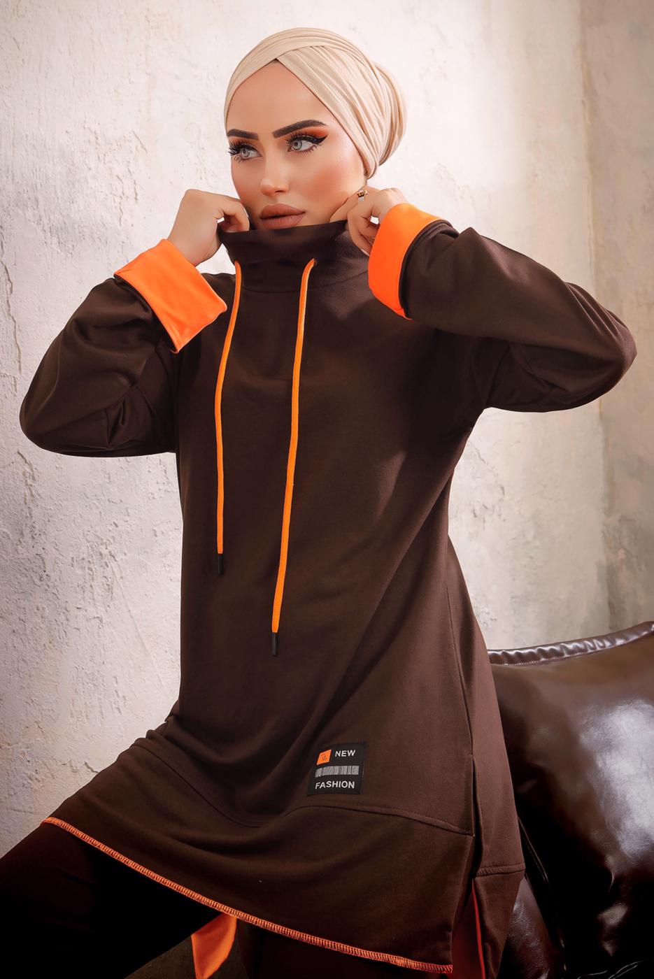 Tesettür giyim KAHVE KAPÜŞONLU NEON GARNİLİ PANTOLONLU TAKIM T 6192