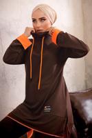 Tesettür giyim KAHVE KAPÜŞONLU NEON GARNİLİ PANTOLONLU TAKIM T 6192