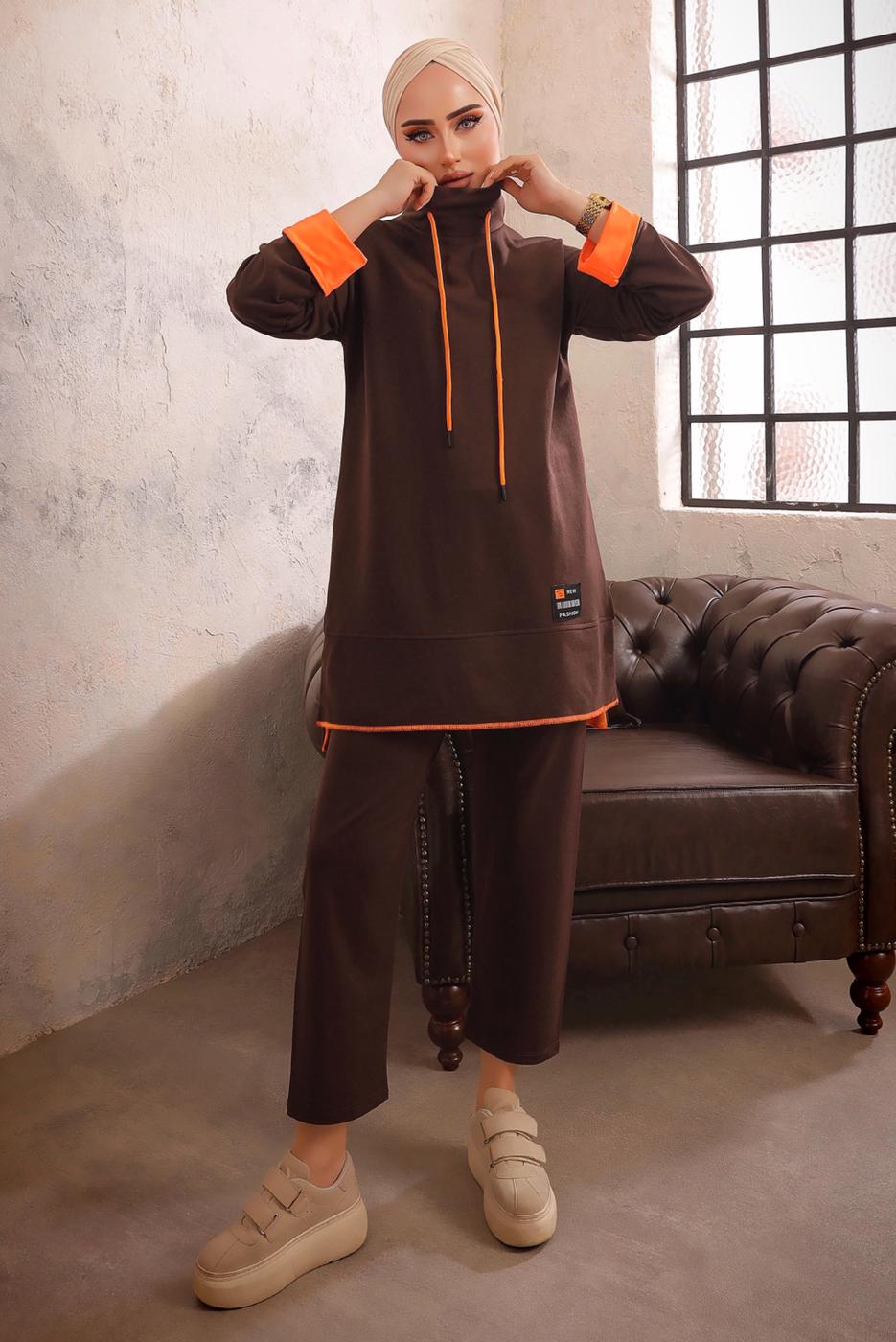 Tesettür giyim KAHVE KAPÜŞONLU NEON GARNİLİ PANTOLONLU TAKIM T 6192