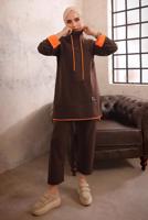 Tesettür giyim KAHVE KAPÜŞONLU NEON GARNİLİ PANTOLONLU TAKIM T 6192