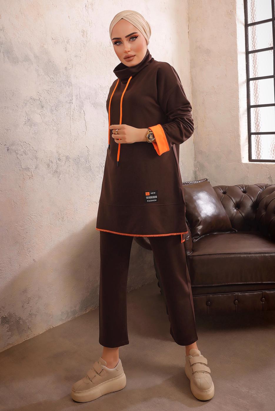 Tesettür giyim KAHVE KAPÜŞONLU NEON GARNİLİ PANTOLONLU TAKIM T 6192