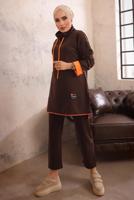 Tesettür giyim KAHVE KAPÜŞONLU NEON GARNİLİ PANTOLONLU TAKIM T 6192