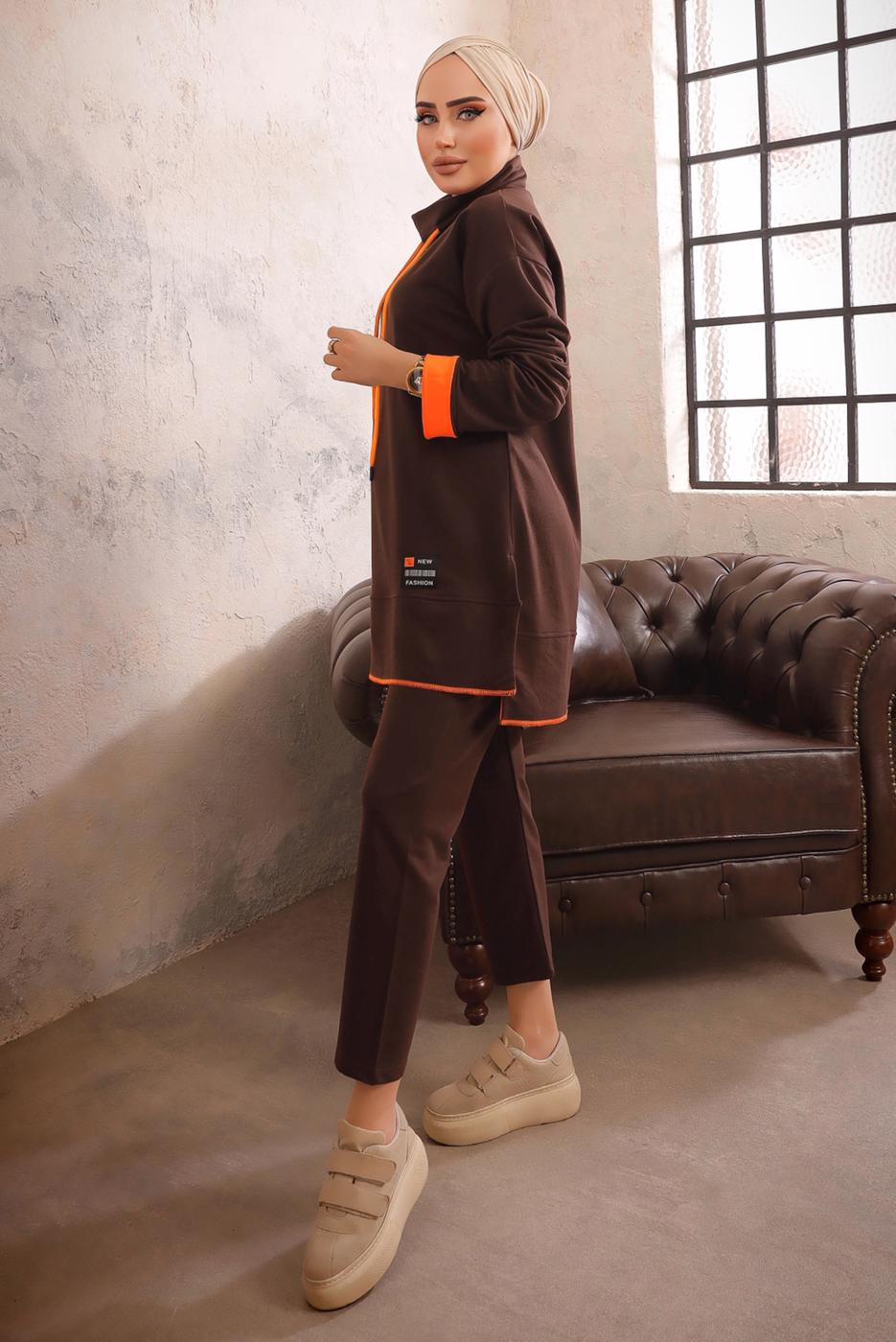 Tesettür giyim KAHVE KAPÜŞONLU NEON GARNİLİ PANTOLONLU TAKIM T 6192