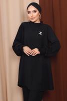 Tesettür giyim SİYAH BROŞ DETAYLI KOLU PİLİSELİ PANTOLONLU TAKIM T 6213