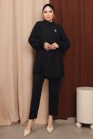 Tesettür giyim SİYAH BROŞ DETAYLI KOLU PİLİSELİ PANTOLONLU TAKIM T 6213