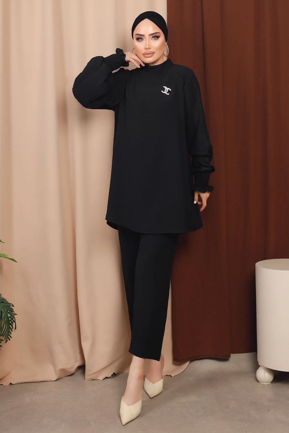 Tesettür giyim SİYAH BROŞ DETAYLI KOLU PİLİSELİ PANTOLONLU TAKIM T 6213